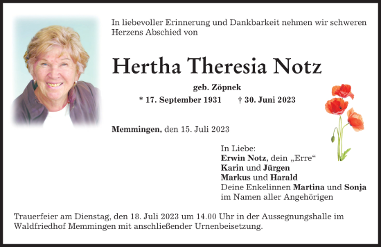 Traueranzeige von Hertha Theresia Notz von Memminger Zeitung