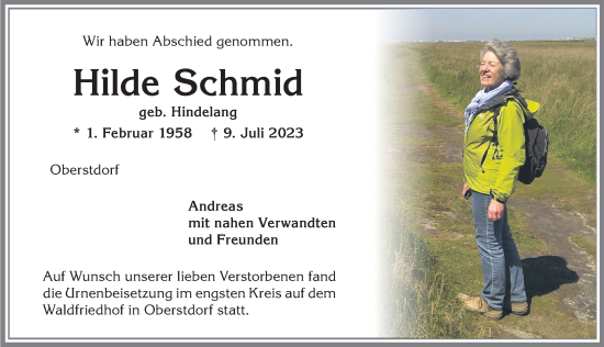 Traueranzeige von Hilde Schmid von Allgäuer Anzeigeblatt