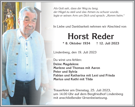 Traueranzeige von Horst Reder von Allgäuer Anzeigeblatt