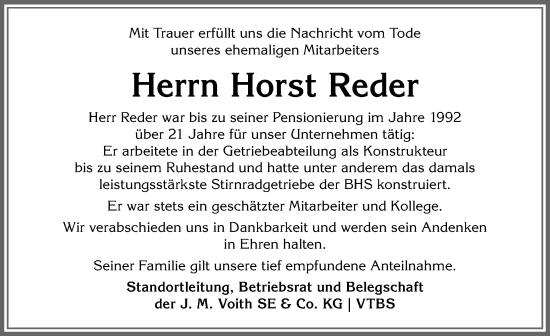 Traueranzeige von Horst Reder von Allgäuer Anzeigeblatt