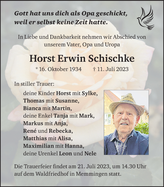 Traueranzeige von Horst Erwin Schischke von Memminger Zeitung
