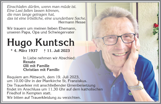 Traueranzeige von Hugo Kuntsch von Allgäuer Zeitung,Kempten