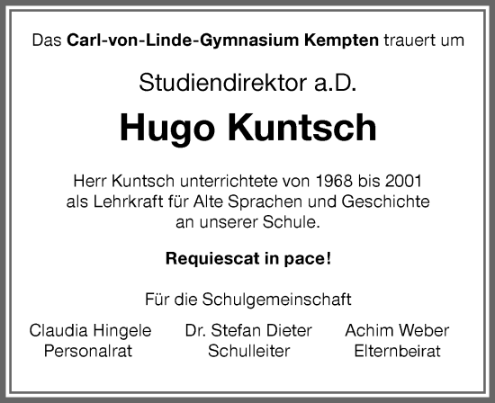 Traueranzeige von Hugo Kuntsch von Allgäuer Zeitung,Kempten