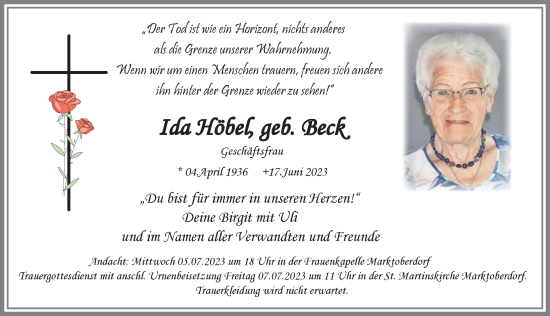 Traueranzeige von Ida Höbel von Allgäuer Zeitung, Marktoberdorf