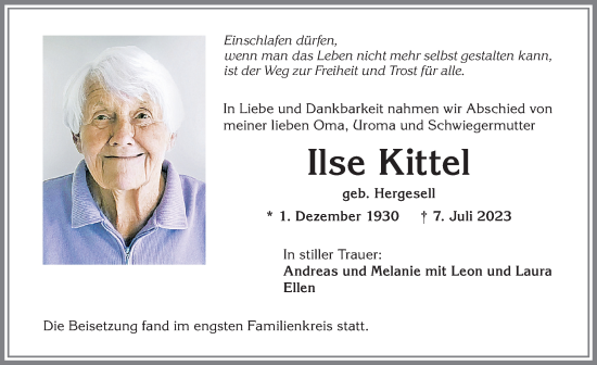 Traueranzeige von Ilse Kittel von Allgäuer Zeitung, Kaufbeuren/Buchloe