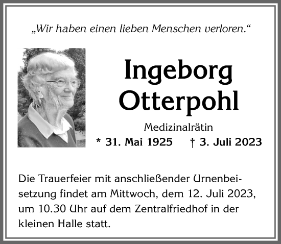 Traueranzeige von Ingeborg Otterpohl von Allgäuer Zeitung,Kempten