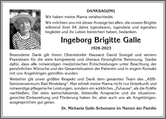 Traueranzeige von Ingeborg Brigitte Galle von Allgäuer Anzeigeblatt