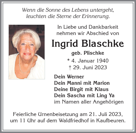 Traueranzeige von Ingrid Blaschke von Allgäuer Zeitung, Kaufbeuren/Buchloe