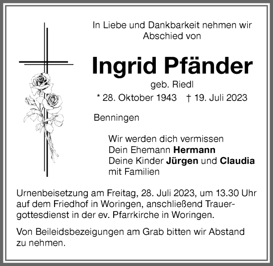 Traueranzeige von Ingrid Pfänder von Memminger Zeitung