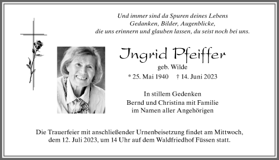 Traueranzeige von Ingrid Pfeiffer von Allgäuer Zeitung, Füssen