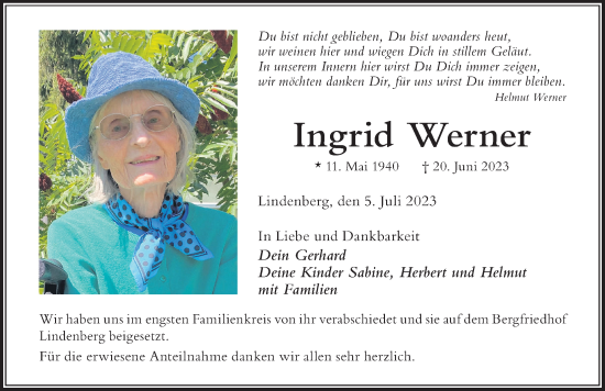 Traueranzeige von Ingrid Werner von Der Westallgäuer
