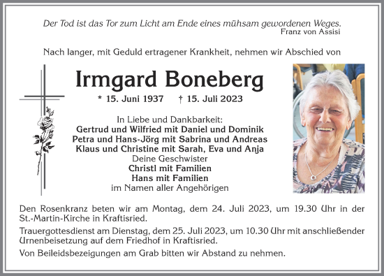 Traueranzeige von Irmgard Boneberg von Allgäuer Zeitung, Marktoberdorf