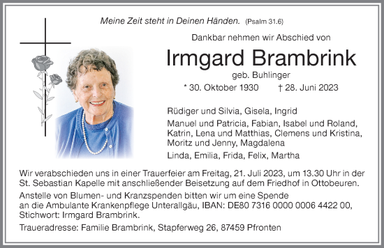 Traueranzeige von Irmgard Brambrink von Memminger Zeitung