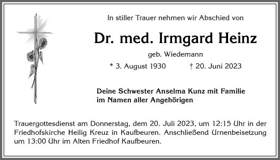 Traueranzeige von Irmgard Heinz von Allgäuer Zeitung, Kaufbeuren/Buchloe