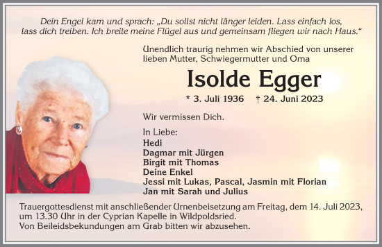 Traueranzeige von Isolde Egger von Allgäuer Zeitung,Kempten