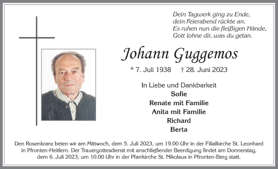 Traueranzeige von Johann Guggemos von Allgäuer Zeitung, Füssen