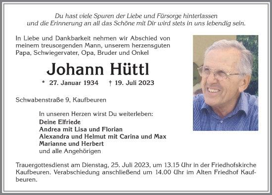 Traueranzeige von Johann Hüttl von Allgäuer Zeitung, Kaufbeuren/Buchloe