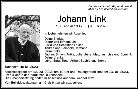 Traueranzeige von Johann Link von Memminger Zeitung