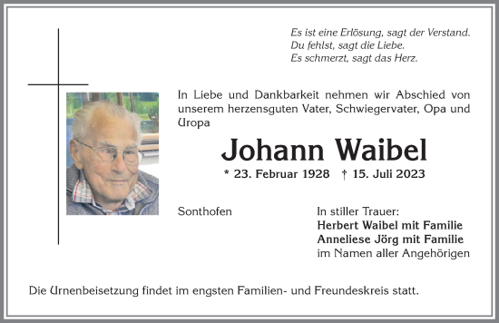 Traueranzeige von Johann Waibel von Allgäuer Anzeigeblatt