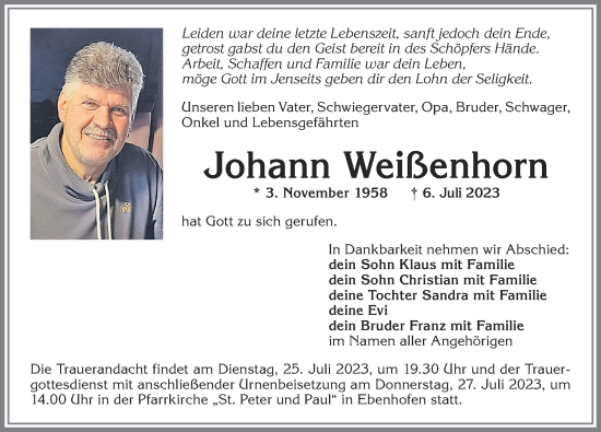 Traueranzeige von Johann Weißenhorn von Allgäuer Zeitung, Marktoberdorf