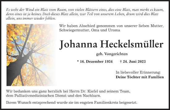 Traueranzeige von Johanna Heckelsmüller von Memminger Zeitung