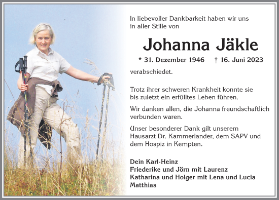 Traueranzeige von Johanna Jäkle von Allgäuer Zeitung,Kempten
