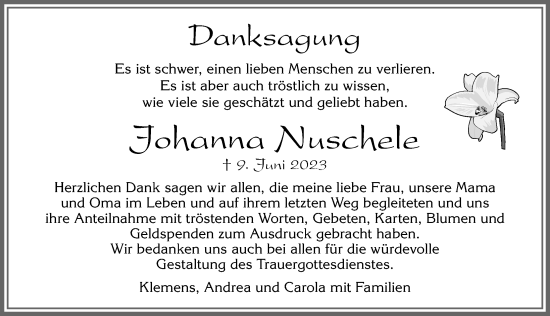 Traueranzeige von Johanna Nuschele von Allgäuer Zeitung, Marktoberdorf