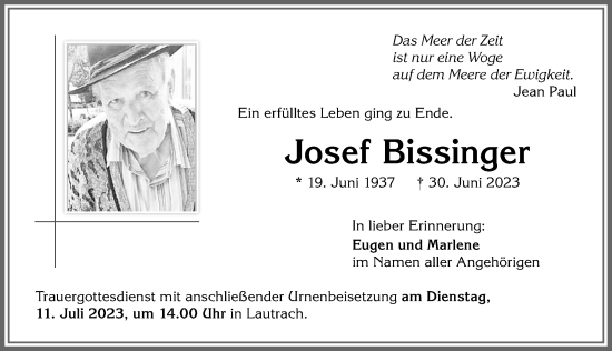 Traueranzeige von Josef Bissinger von Memminger Zeitung