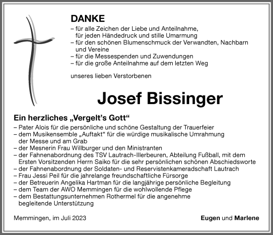 Traueranzeige von Josef Bissinger von Memminger Zeitung