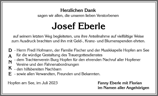 Traueranzeige von Josef Eberle von Allgäuer Zeitung, Füssen