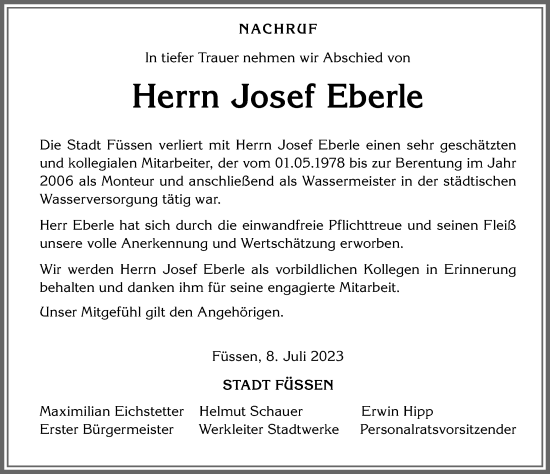 Traueranzeige von Josef Eberle von Allgäuer Zeitung, Füssen