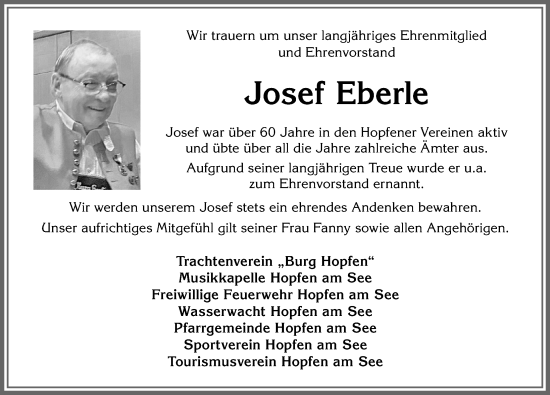 Traueranzeige von Josef Eberle von Allgäuer Zeitung, Füssen