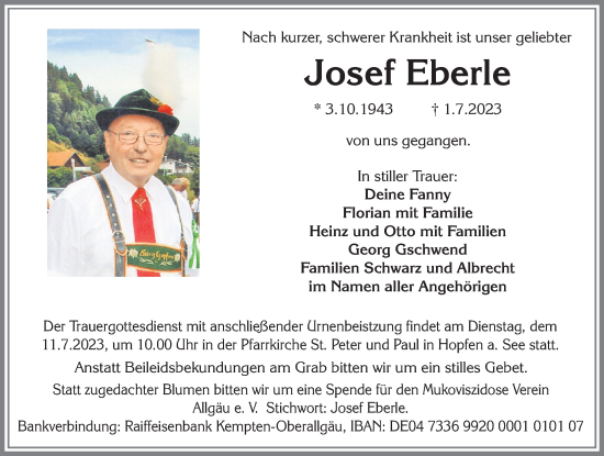 Traueranzeige von Josef Eberle von Allgäuer Zeitung, Füssen