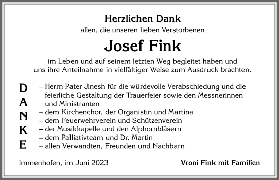 Traueranzeige von Josef Fink von Allgäuer Zeitung, Marktoberdorf