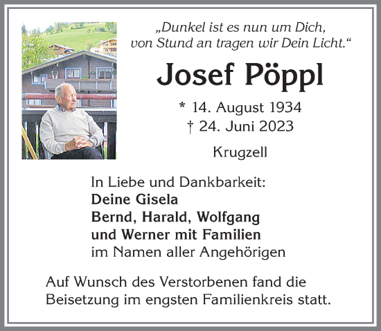 Traueranzeige von Josef Pöppl von Allgäuer Zeitung,Kempten