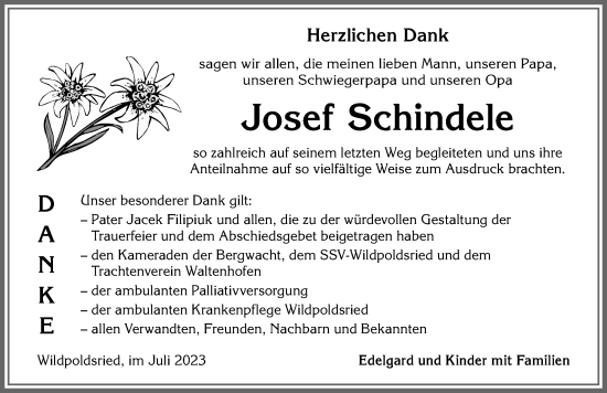 Traueranzeige von Josef Schindele von Allgäuer Zeitung,Kempten