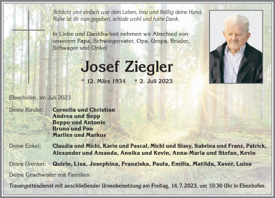 Traueranzeige von Josef Ziegler von Allgäuer Zeitung, Marktoberdorf