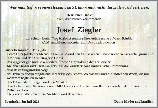 Traueranzeige von Josef Ziegler von Allgäuer Zeitung, Kaufbeuren/Buchloe