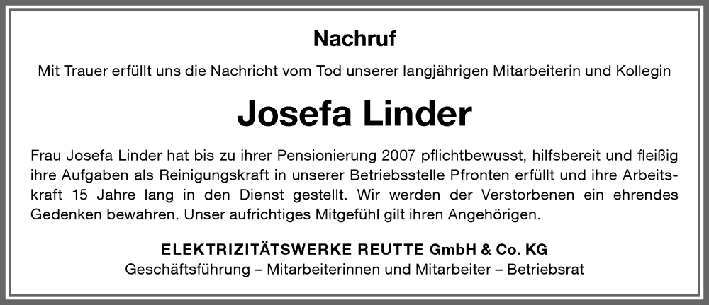  Traueranzeige für Josefa Linder vom 06.07.2023 aus Allgäuer Zeitung, Füssen