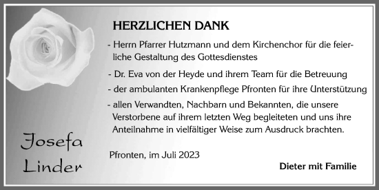 Traueranzeige von Josefa Linder von Allgäuer Zeitung, Füssen