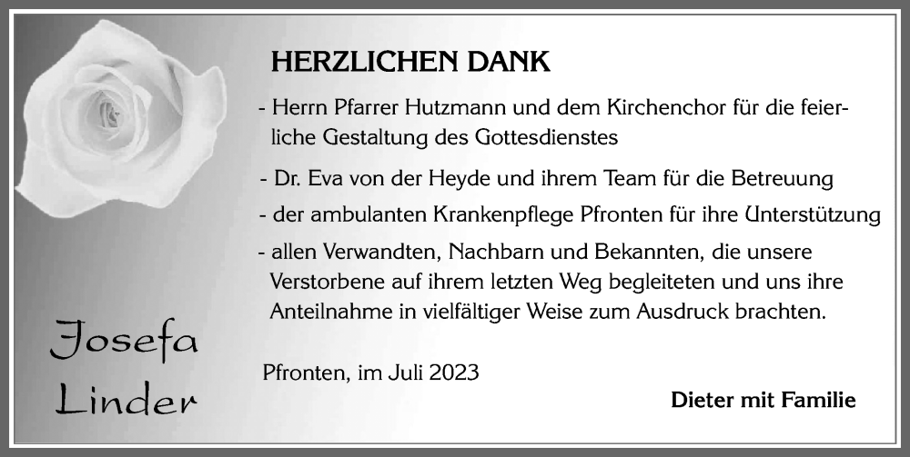  Traueranzeige für Josefa Linder vom 20.07.2023 aus Allgäuer Zeitung, Füssen