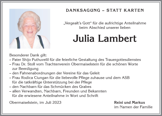 Traueranzeige von Julia Lambert von Allgäuer Anzeigeblatt