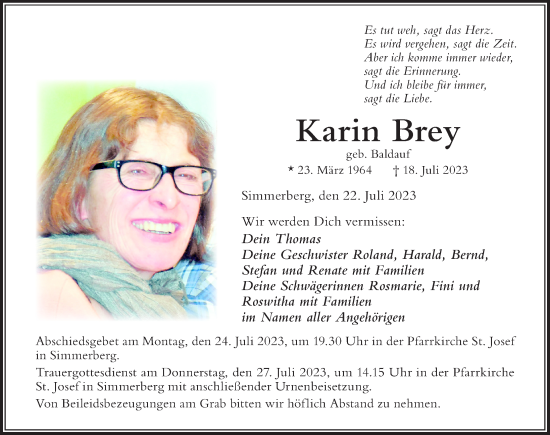 Traueranzeige von Karin Brey von Der Westallgäuer