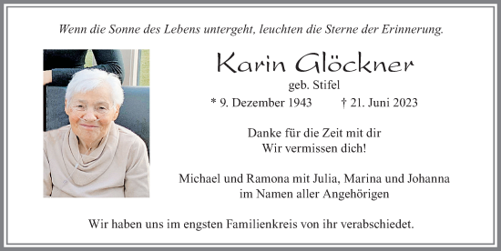 Traueranzeige von Karin Glöckner von Allgäuer Zeitung, Füssen
