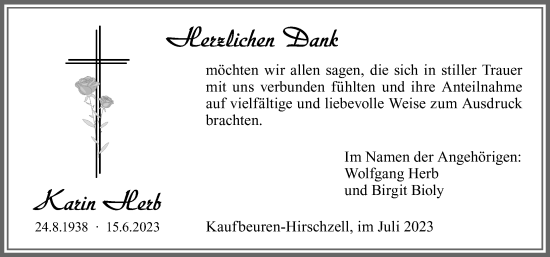 Traueranzeige von Karin Herb von Allgäuer Zeitung, Marktoberdorf