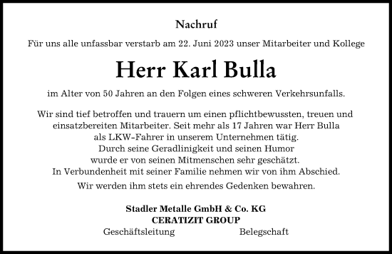 Traueranzeige von Karl Bulla von Augsburger Allgemeine, Mindelheimer Zeitung