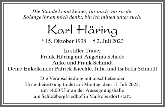 Traueranzeige von Karl Häring von Memminger Zeitung