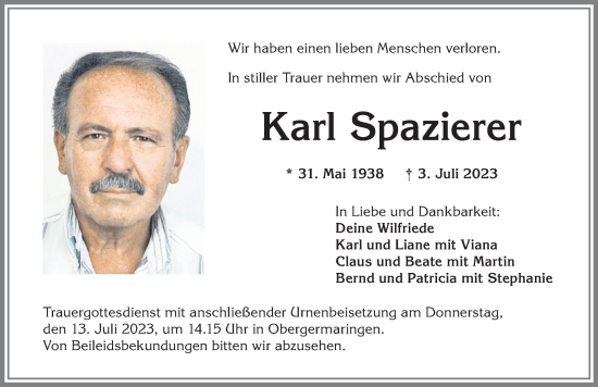 Traueranzeige von Karl Spazierer von Allgäuer Zeitung, Kaufbeuren/Buchloe