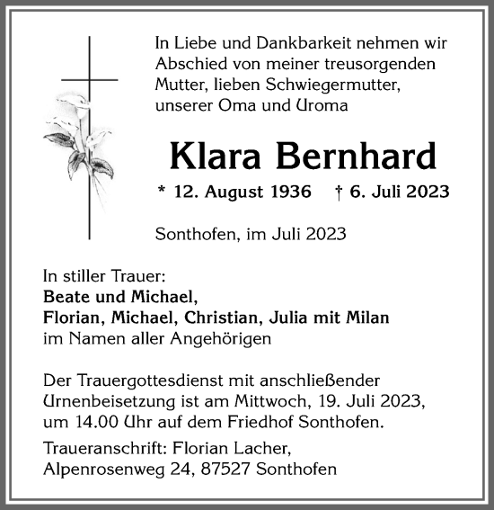 Traueranzeige von Klara Bernhard von Allgäuer Anzeigeblatt