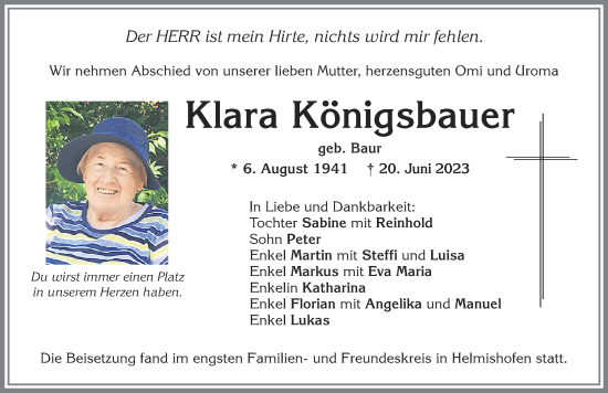 Traueranzeige von Klara Königsbauer von Allgäuer Zeitung, Kaufbeuren/Buchloe